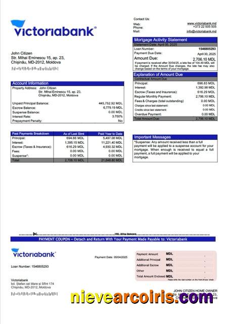 Moldova Victoriabank mortgage statement Word and PDF template